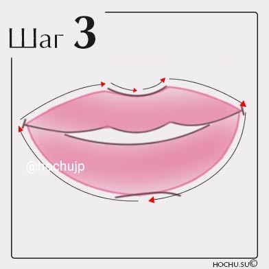 3.	Проведите линию по внешнему контуру губ, вырисовывая круг справа налево.